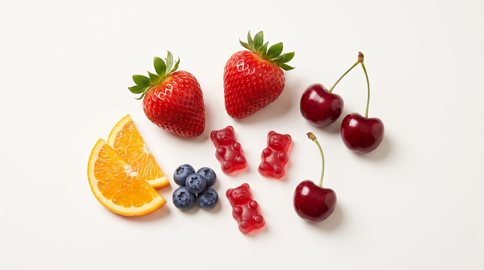 Fruit flavor cues, red bear gummies and ingredient-inspired still life
