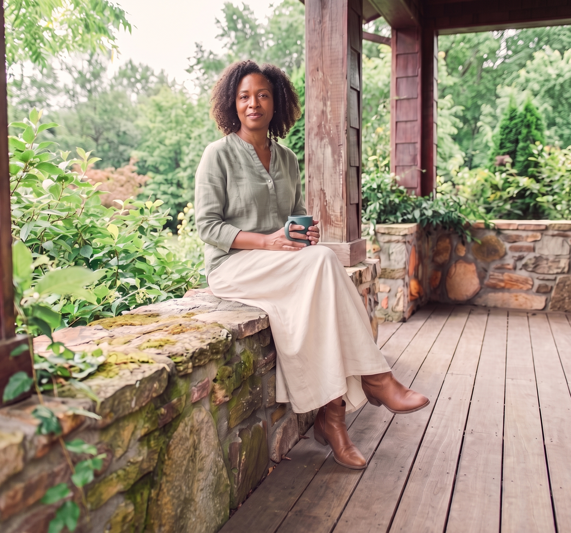 Woman enjoying a warm drink on a leafy garden porch