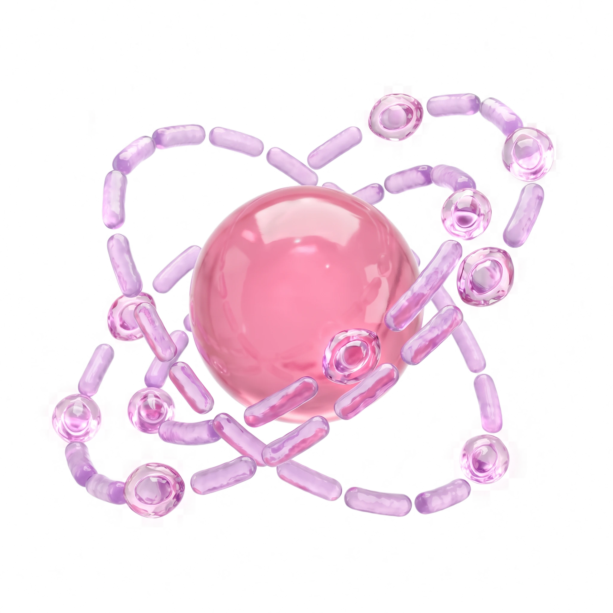 Abstract LactoSpore probiotic particles around a pink gummy sphere