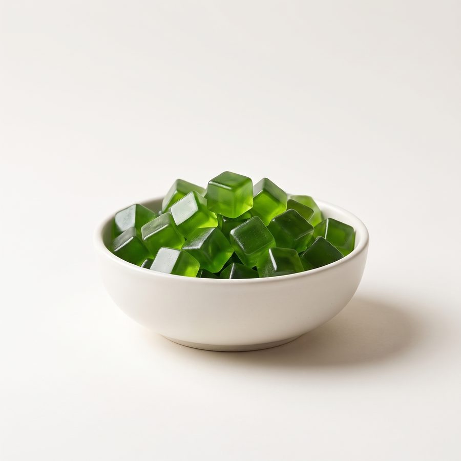 Supergreen Gummies jar with green gummies in a white bowl