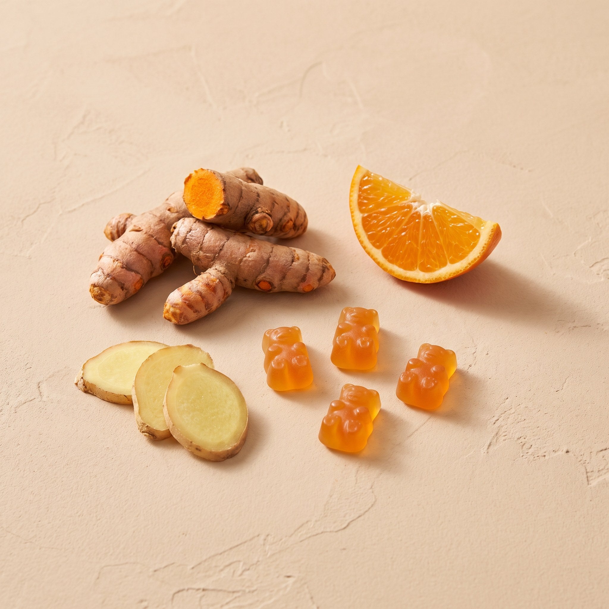 Turmeric root, ginger, tangerine and gummies