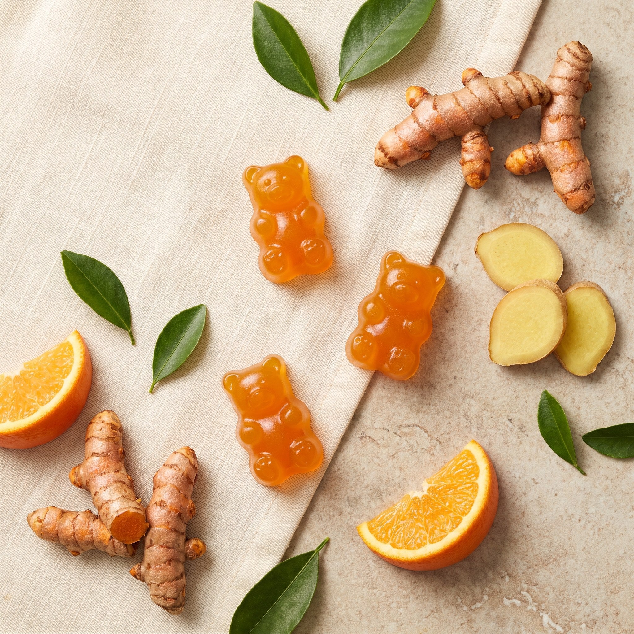 Turmeric roots, ginger and tangerine gummies