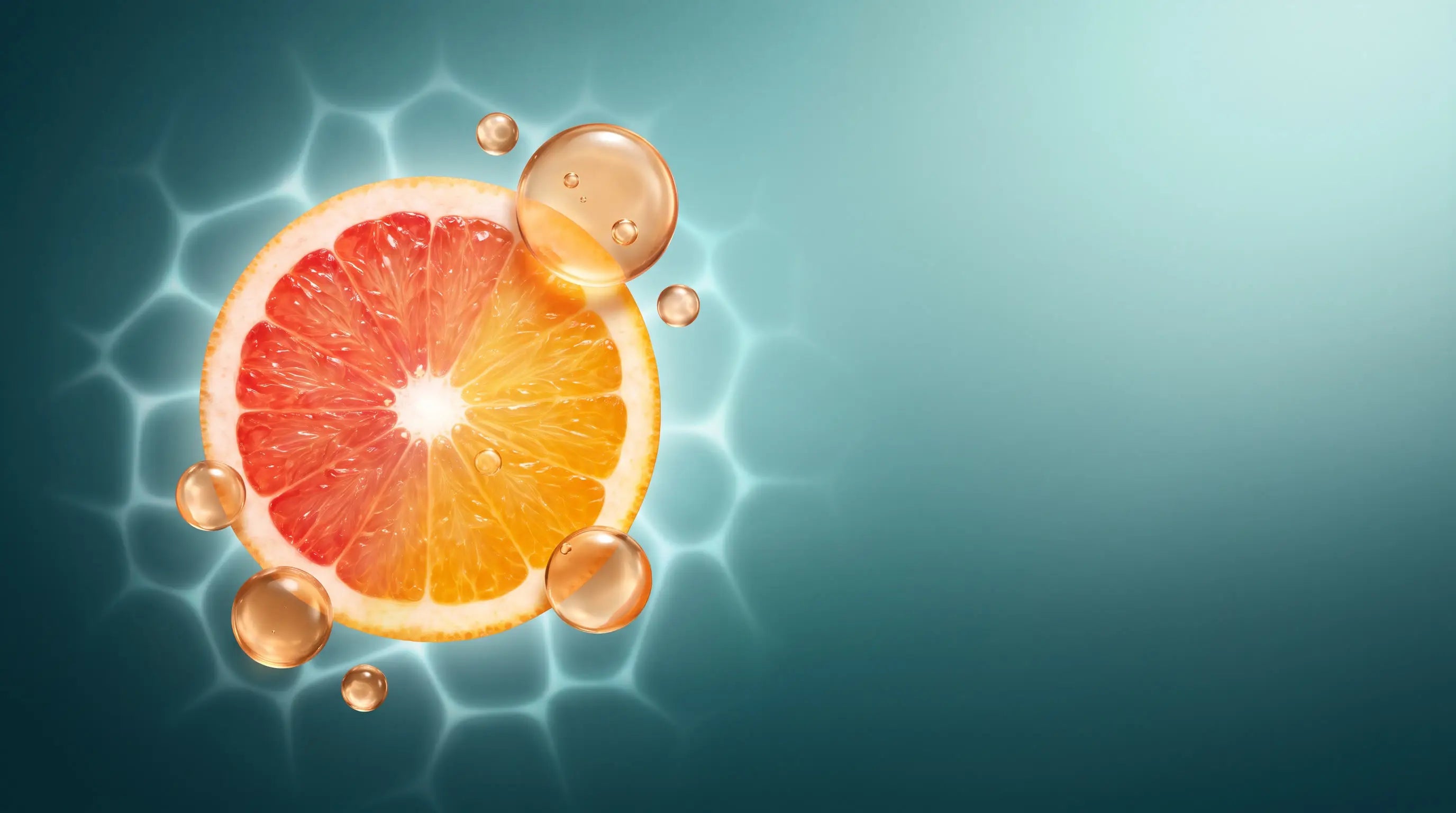Original teal Vitamin C editorial still with citrus and science-inspired visual language.